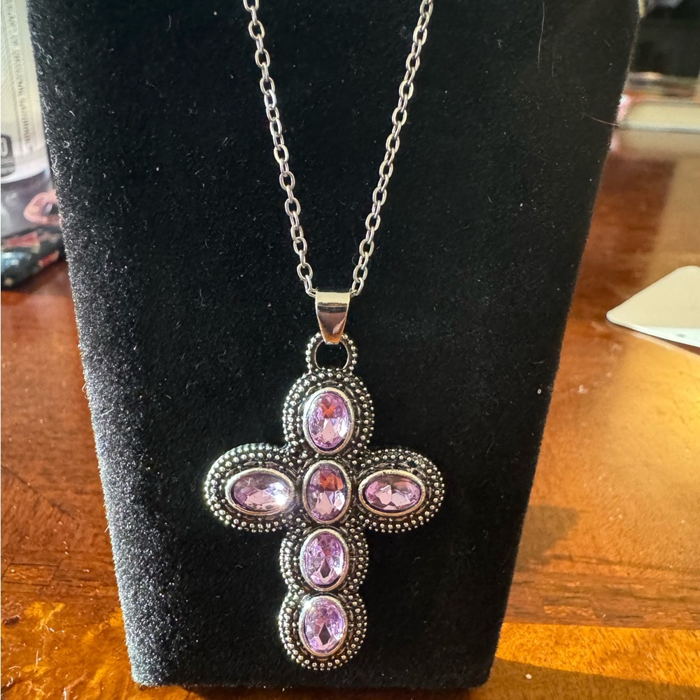 Purple Amethyst, Simulated, Retro Cross Pendant Silver Plated Necklace - Picture 4 of 8